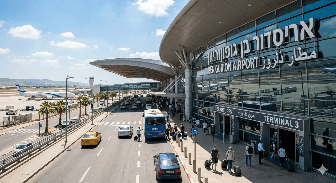Ben Gurion Airport Terminal 3 departures area with taxis and buses — gateway to Tel Aviv and Kerem HaTeimanim