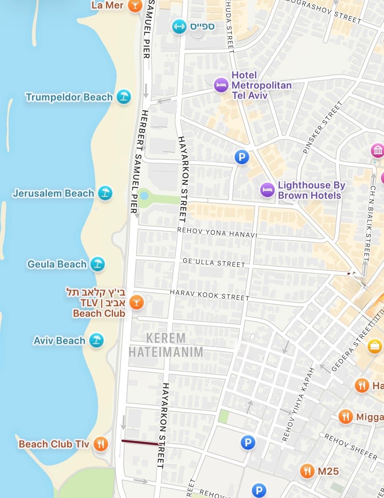 Map of Kerem HaTeimanim neighborhood in central Tel Aviv, steps from the beach and Carmel Market
