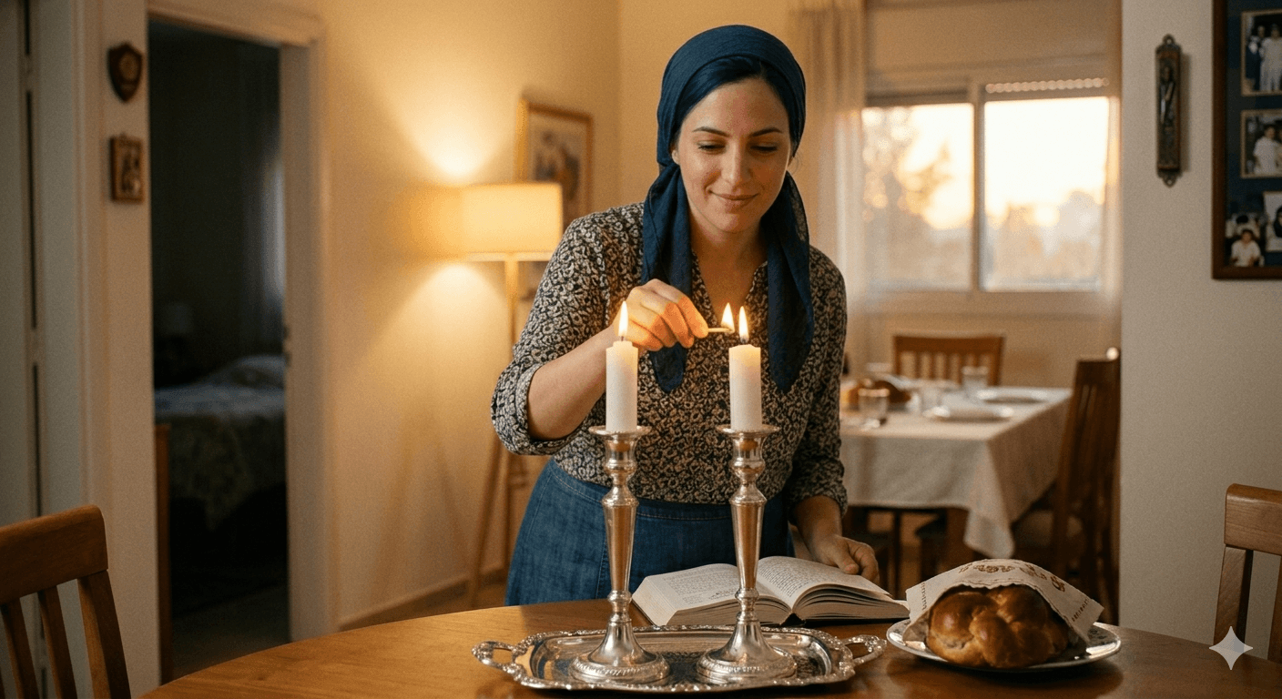 Woman lighting Shabbat candles with challah and prayer book — Shabbat-friendly stays in Tel Aviv